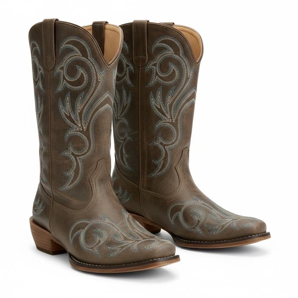 NWOT Roper IUV Riley Western Boots brown with blue scroll embroidery sz W9